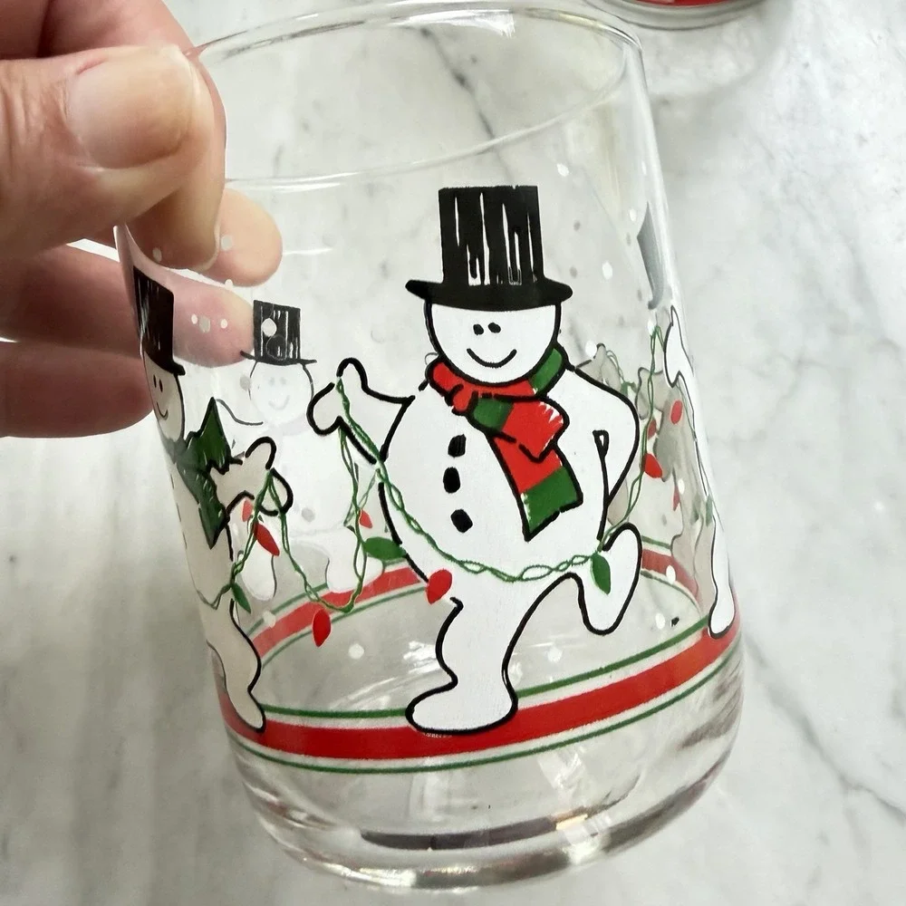 VTG Libbey Dancing Snowmen Christmas Glasses Set 5 Holiday Barware Rocks Glass